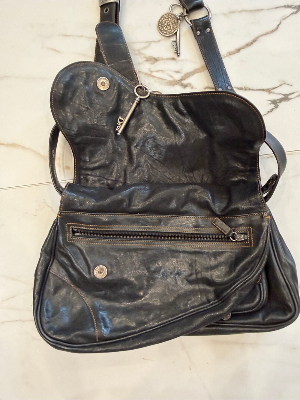 Dior Black Leather Shoulder Bag with Brown Trim - Picture 3 of 11